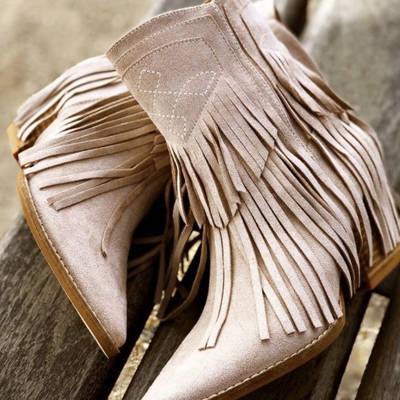 NEW Fringe Tassel Faux Suede Pointy Toe Block Heel Western Booties Boots Taupe - Picture 8 of 13